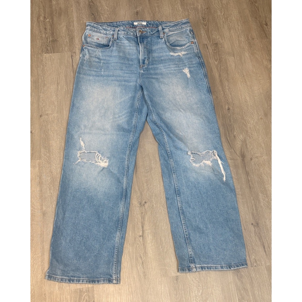 Tommy Jeans Betsy Loose Distressed Wide Leg Jeans Light Wash Blue Size 12 W31